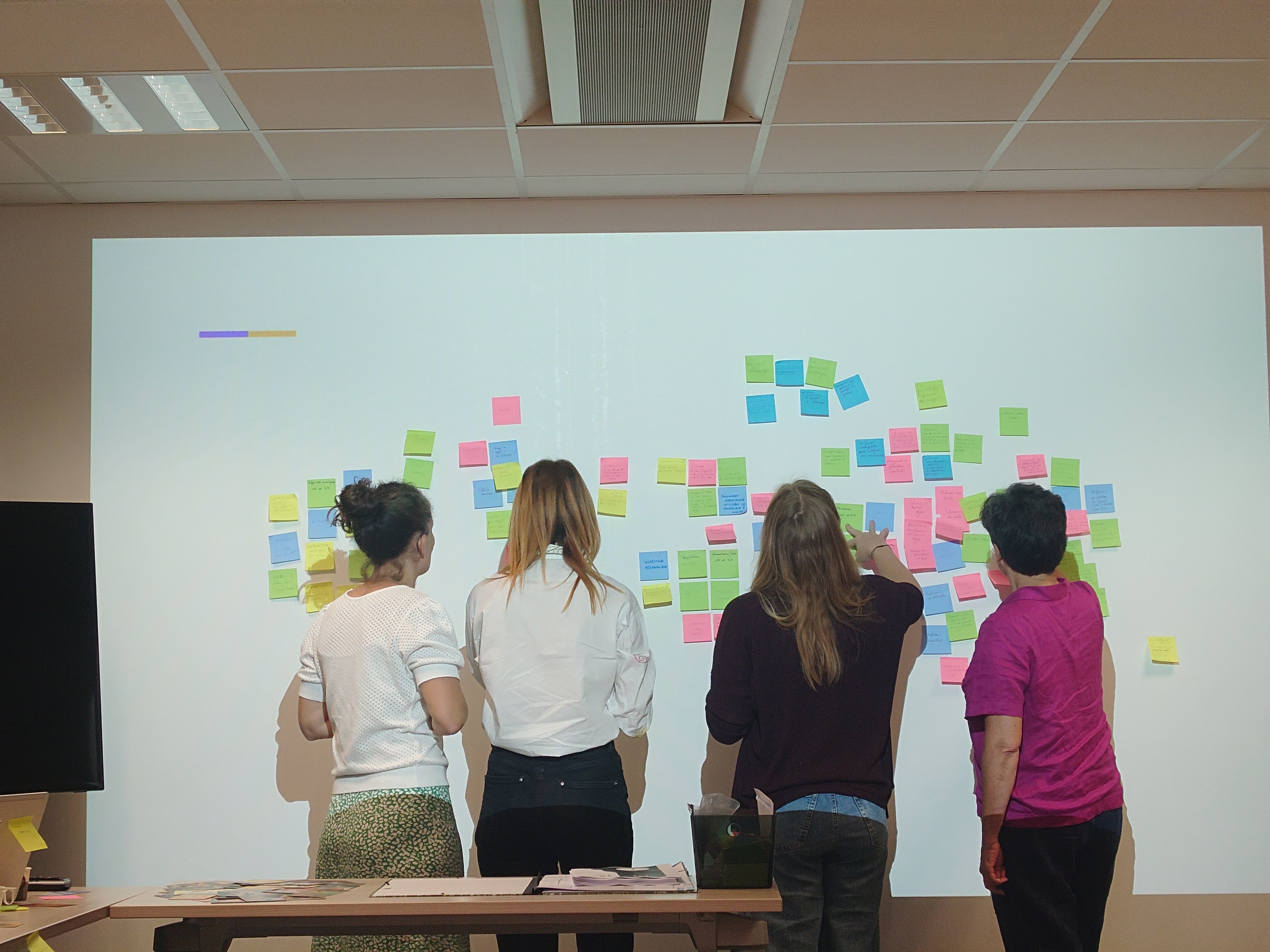 Photo de l’atelier montrant des personnes triant des post-its sur un tableau'